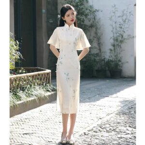 Fashion Improvement New Chinese Style Long Sleeve Cheongsam Qi Pao Summer Retro National Dress