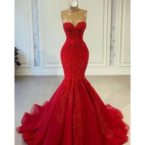 Red Prom Dresses Luxury Strapless Beaded Applique Mermaid Evening Gowns for Women Sleeveless Sweep Train Formal Party Dresses