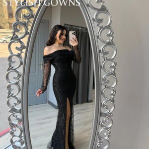 Saudi Arabia Luxury Black Off Shoulder Evening Dress Shiny Fabric Long Sleeves Bead Prom Dresses 2025 Slit Special Customized 