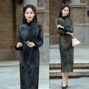 Retro Chinese Style Long Flocking Fleece-lined Sleeve Cheongsam Qi Pao Winter New Middle-Aged and Elderly Women plus Size