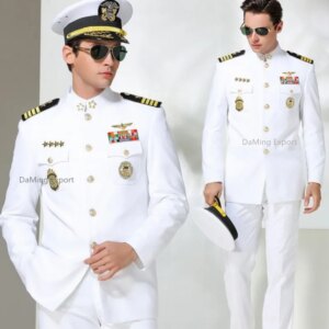 America White Sailor Uniform Set Men Wedding Annual Meeting Evening Hat Coat Pants and Accessories Navy Guard Security Work Wear