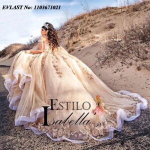 EVLAST Champagne Beaded Crystal Mexican Quinceanera Dress Ball Gown Off Shoulder 3D Floral Lace Corset Vestidos De XV Anos SQ304