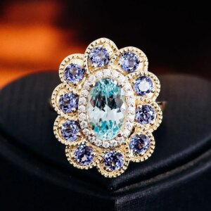 Provence 18K/14K/10K Solid Gold Oval Cut Lab Grown Aquamarine With Moissanites Luxury Flower Engagement Ring For Woman Customize