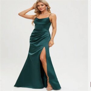 Spaghetti Strap Dark Green Dress Women Elegant Party 2024 Long Women Evening Dress Satin Dresses Side Split Prom Dresses 