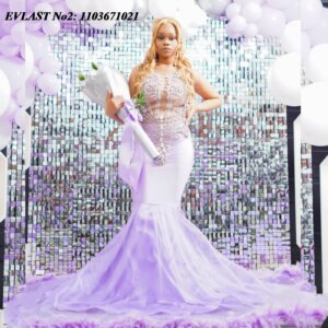 EVLAST Customized Sexy Lilac Mermaid Prom Dress For Black Girls Feather Crystal Beaded Evening Party Gown Robe De Soirée E2P306