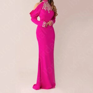 Customized Exquisite Hot Pink Evening Dresses Off Shoulder Sleeves Prom Gowns High Collar Wedding Guest Dresses Crystal Beaded