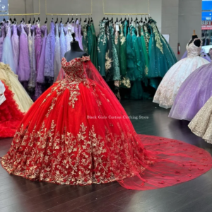 Fantasy Princess Quinceanera Dress Red Strapless Poncho with Shawl Gold Bow Applique Corset vestidos para 15 años Customised