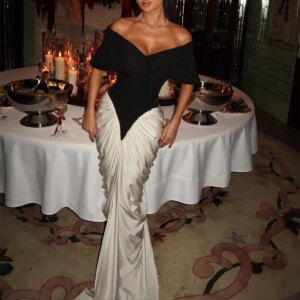 Customized Delicate Contrast Color Jersey Evening Dress High Quality Ruched Boat Neck Off The Shoulder Sweep Train Par