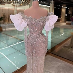 Customized 2025 Pink Beaded Evening Dresses Robes De Soiree Mermaid Crystals Illusion Women Prom Dress Dubai Wedding Party Gowns