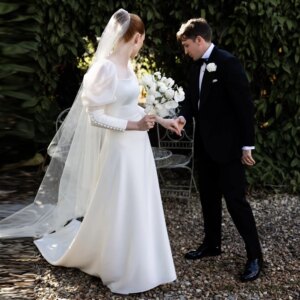Customized Soft Satin Wedding Dress Elegant Puffy Long Sleeves A Line Bridal Gown Square Collar Sweep Train Bridal Dress TSWD535