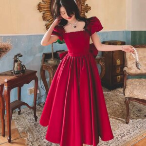 Satin Elegant A-line Evening Dresses Princess Party Dress Square Collar Puff Sleeves Bow Belt With Peals Tea-Length Formal Gowns