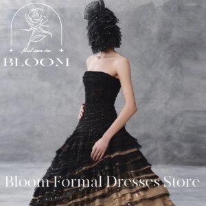 Bloom Customized Strapless Ombre Ruffled Formal Dress Black To Gold Gradient Glittering Embellishments Voluminous Silhouette