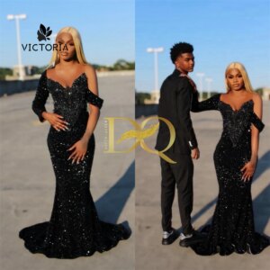 Black Velvet Sequin Rhinestones Prom Dress Black Girls One Shoulder Evening Dress Wedding Party Gown robe de gala Customized