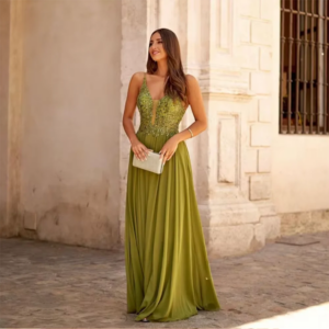 Elegant Luxury Green Women Evening Dress Shiny Sequin Spaghetti Strap Sweetheart Floor Length Satin Sexy Backless Vestidos Fiest