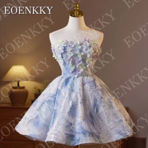 EOENKKY Mini Prom Dresses Elegant Luxury 3D Floral Short Homecoming Strapless Evening Dress Customized فساتين للمناسبات الخاصة