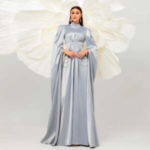 Stand Collar Ultra Long Sleeves Elegant Party Dresses Woman Design High Waisted Chain Silver Loose Long Dress