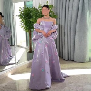 Customized Elegant Evening Dress Lavender A-Line Colorful Flower Long Prom Gown Lace up Floor-Length Fete-Day Party Dress