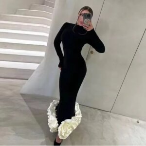 Elegant High Stretchy With Handmade Flower Bottom Muslim High Collar Full Sleeves Modest Formal Dress Long Women Dresses