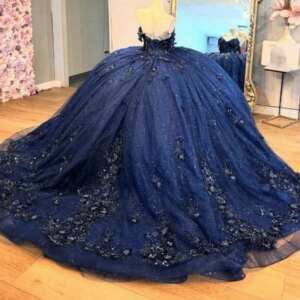 Customized Navy Blue Women Prom Occasion Dresses Flower Beading Applique Floor Length 2025 Quinceanera Ball Gown Dress 15 16