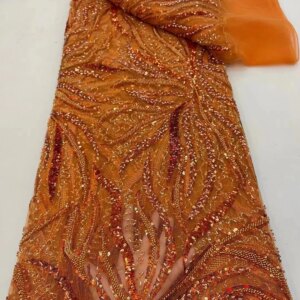 Burnt Orange Fabric Sequence Beaded French Mesh Latest Lace Fabric High Quality 2025 Red Sequin Tulle Lace For Sewing KB2589