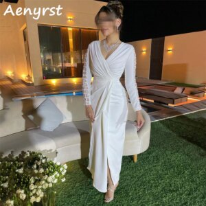 Aenyrst Simple V Neck Pleated Saudi Evening Dresses Long Sleeves Mermaid customized Prom Dress Ankle Length Formal Party Gowns