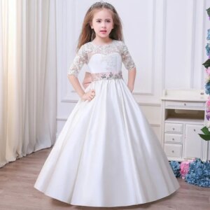 First Communion Gowns Flower Girl Dresses White Satin Appliques With Bow Jewels Belt Half Sleeve For Wedding Birthday Party