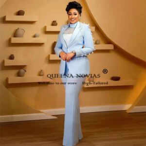 Elegant White Pearls Women Suits For Mother For Party Dress Tailored Single Breasted Jacket Pants 2 Pcs Ladies Blazer Customized