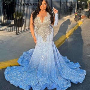 EVLAST Customized Shiny Sky Blue African Prom Dress For Black Girls Diamonds Crystal Beaded Mermaid Birthday Party Gown E3P217