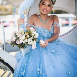 Customized Shiny blue Quinceanera Dress Off Shoulder Tull applique flower Long tail Bow vestidos de 15 Quinceanera