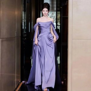 Purple dress French bridesmaid dress engagement party one-shoulder satin birthday party hosting dress  wedding dresses for women