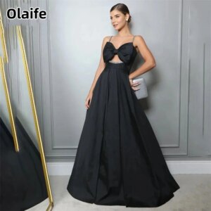 Olaife Prom Dress Beaded Spaghetti Strap Sleeveless Evening Dress Bow Pleats Satin Party Dress Sexy A-Line Robe De Soirée