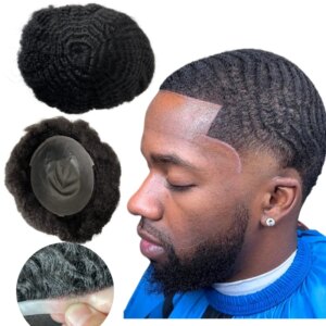 Burmese Virgin Human Hair Replacement Root 6mm Wave #1 Jet Black Color 8×10 Skin Knots PU Toupee for Black Men