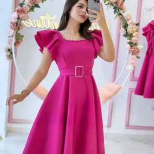 2024 New Summer Women’s Maxi Fuchsia Crepe Satin Prom Dress Ruffles Sleeves Fashion Celebrity Square Neck Party Dresscustomized