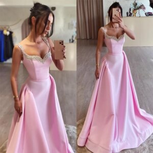 Simple Pink Evening Dresses Fashion Spaghetti Strap Sleeveless A-Line Gowns Formal Crystal Pleat Special Event Dress Vestidos