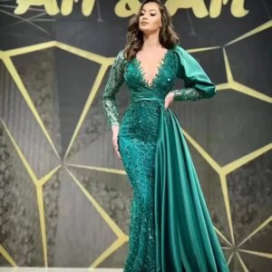 Muslim Green Pageant Prom Dresses Dubai Sequin Lace Applique Evening Gowns Mermaid Long Sleeve Formal Dress Vestidos De Gala Cus