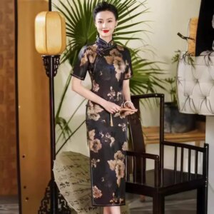 High Quality Cardigan Gambiered Summer Traditional Ancient Real Silk Cheongsam Qipao Long Chinese Dress