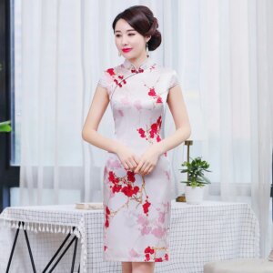 Spring and Summer New High Quality Real Silk Printing Cheongsam Qipao Women’s Dress