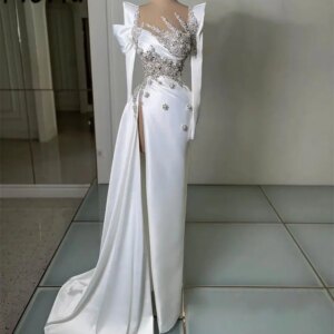 White Dubai Women Mermaid Wedding Dresses with Sweep Train Long Sleeves Beaded Crystal High Slit Brides Dress Celebrity Party