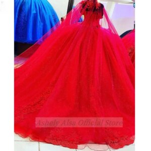 Customized Red Princess Quinceanera Dresses With Caple Off Shoulder Floral Lace Up Sweet 15 16 Girls Party Prom Gown Vestidos