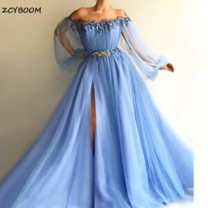 Customized Charming Blue Crystals Beaded Party Prom Gowns 2025 Appliques Side Split Long Puffy Sleeves Formal Evening Dresses