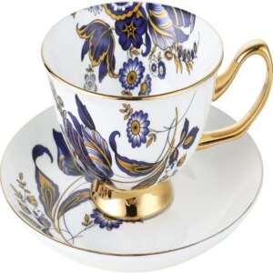 Beautiful and Exquisite Blue Ceramic Floral Coffee Mug and Saucer Set – Elegant and Stunning Graceful Oat Milk Mug – Lovely Pott