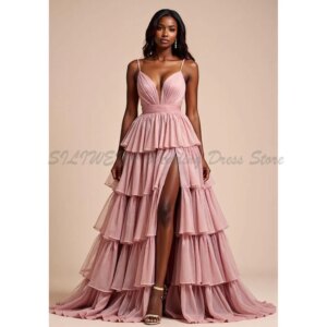 Gorgeous Evening Dresses Women Floor Length Sleeveless Tiered V Neck Floor Length High Quality Banquet Celebrity Party Gowns