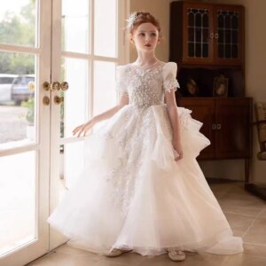 Jill Wish Luxury White Crystal Flower Girl Dress Lace Short Sleeve Arab Kids Princess Wedding Birthday Party Pageant Gown J168