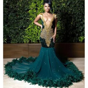 Gown Mermaid Teal African Prom Sheer Beaded Crystals Feather Black Girls Nigeria Robe De Soiree Evening Dresses