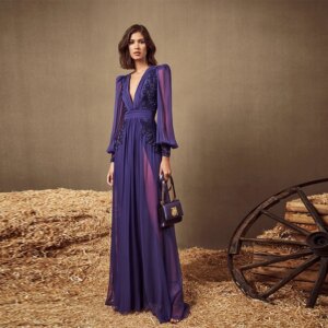 L432 High Quality Purple Long Sleeves Deep V Neck Beaded Chiffon  فساتين السهرة vestidos de fiesta  فساتين سهره evening dresses