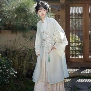 New July Eve Hanfu Women’s Mint New Chinese Style Ming Style Stand Up Collar Long Shirt Embroidered Collar Shirt Ma Mian Skirt