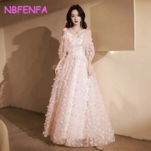 Pink Spaghetti Strap Evening Dresses V-neck of The Shoulder Short Sleeved Light Wedding Dress with Butterfly Flower Decoration