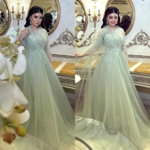 Exquisite Green Evening Party Dresses Full Sleeves Floor Length Strapless Lace Fairy Elegant Women Banquet Prom Ball Gowns