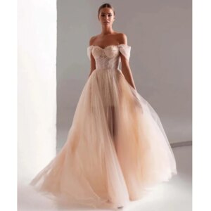 Champagne Tulle Evening Dresses Woman Elegant vestidos de noche Sweetheart Beaded Prom Dress Lace Formal Party Gowns Customized