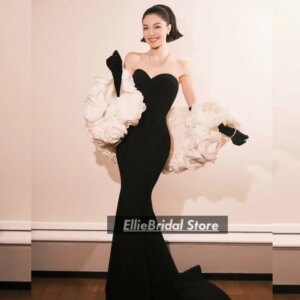 Elegant Black Sweetheart Evening Dress With White Flower Shawl Korea Birthday Party Dress Mermaid Prom Gowns Women Customized